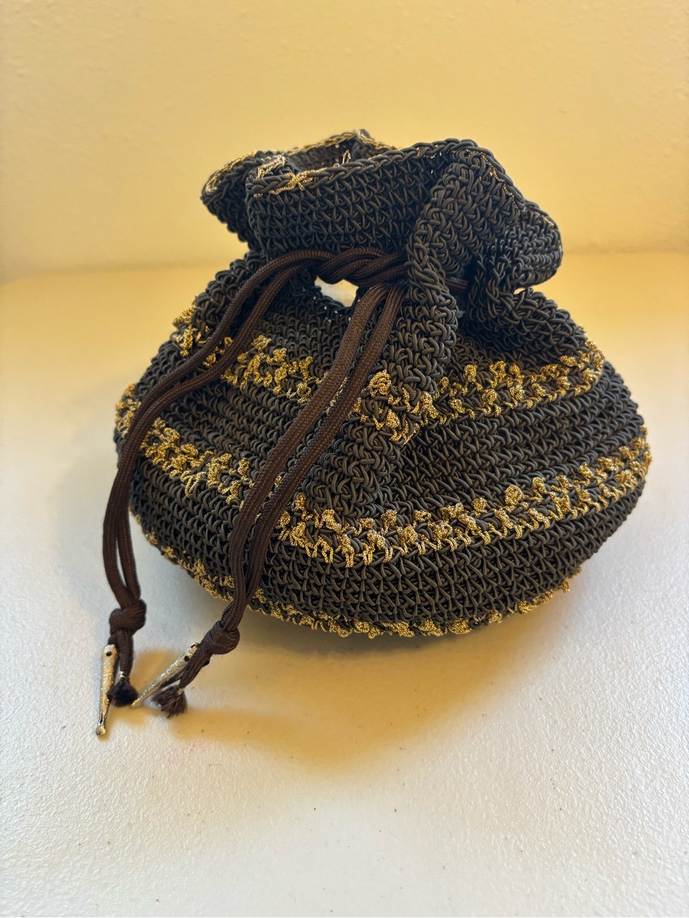 Vintage Handmade Crochet Drawstring Pouch - Dark Brown with Gold Trim